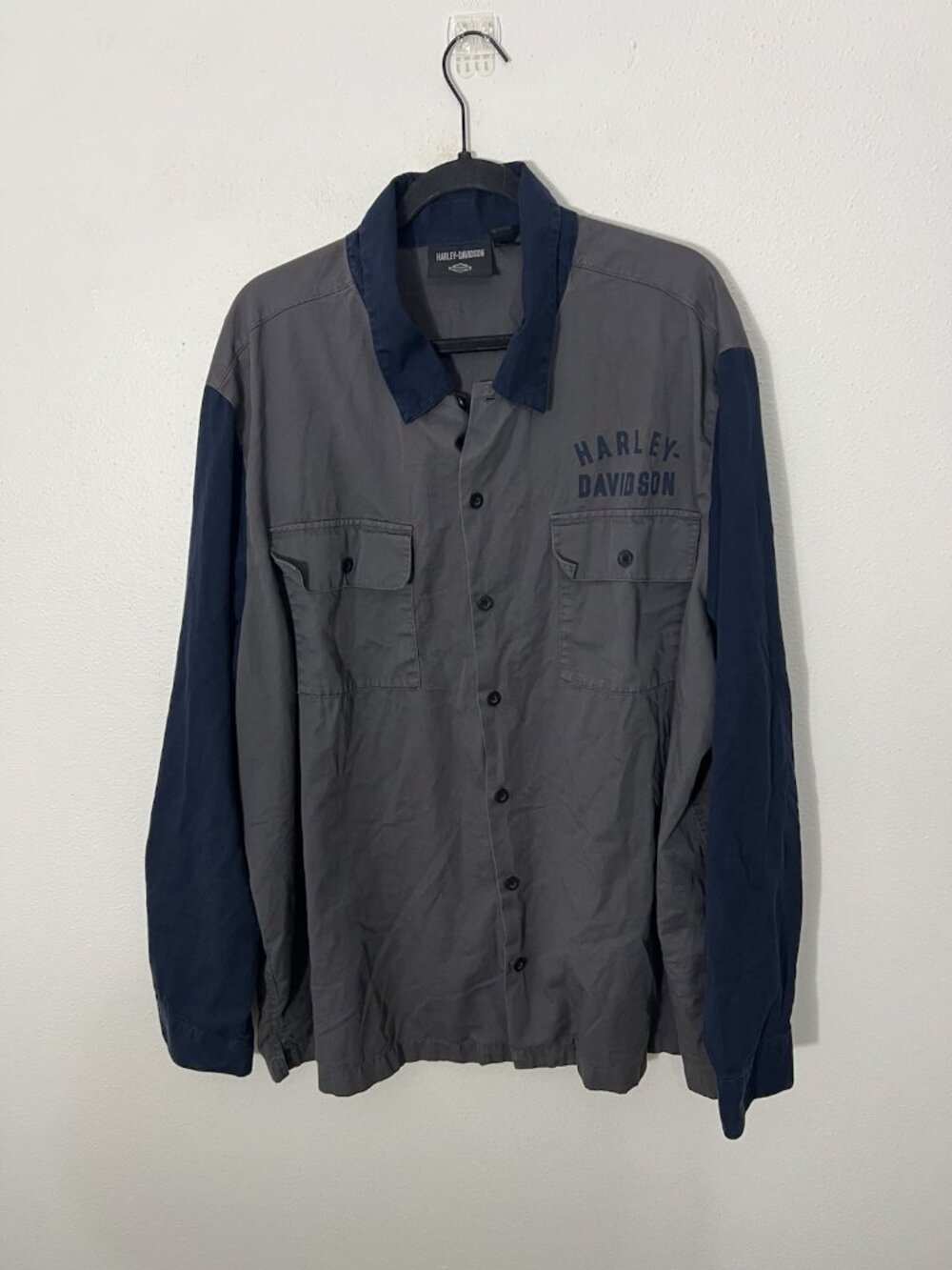 Harley Davidson Racing Division Gray Blue Button Down Long SleeveShirt Size 2XL
